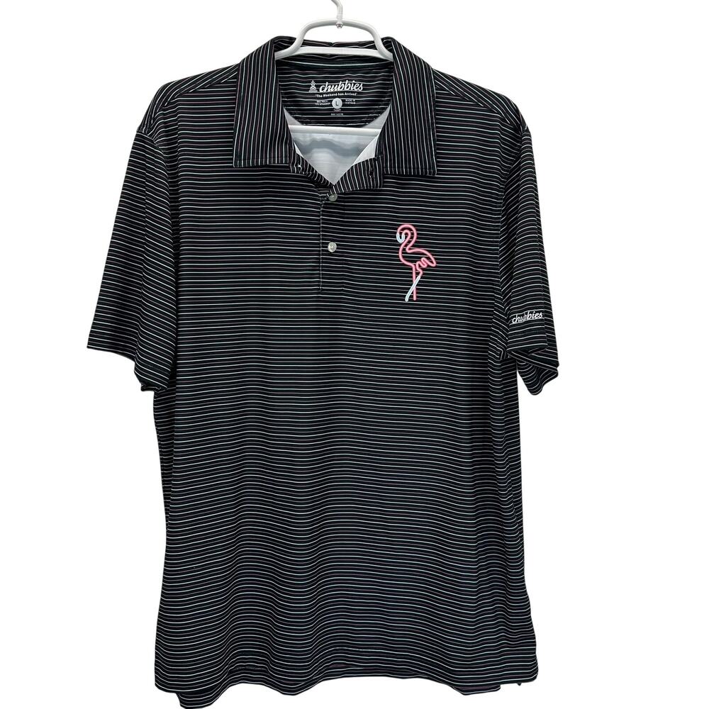 Chubbies Perfomance Polo Shirt Black Pink Flamingo Large
